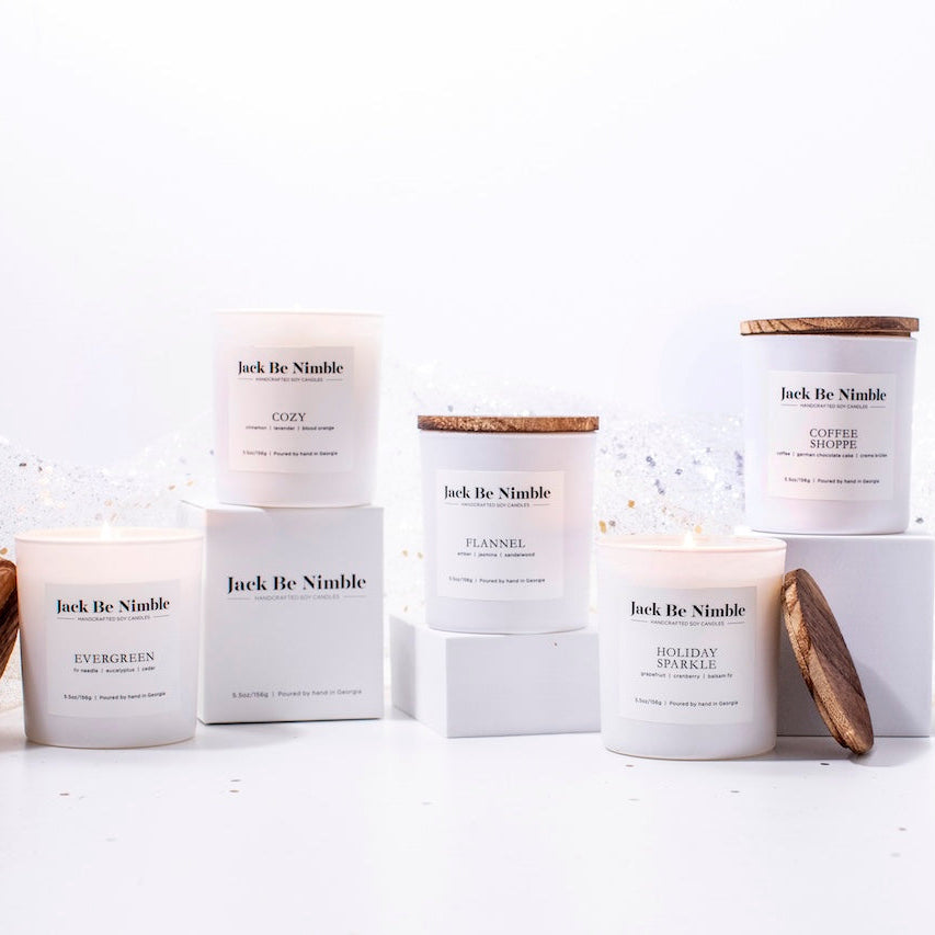 Collection of Jack Be Nimble candles and packaging on a white background