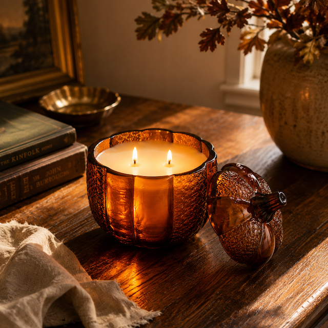 An amber glass candle holder with a matching lid sits on a rustic wooden table in a warmly lit room. A lit candle is placed inside the holder, with dried leaves in a vase, stacked books, and a folded linen cloth nearby.