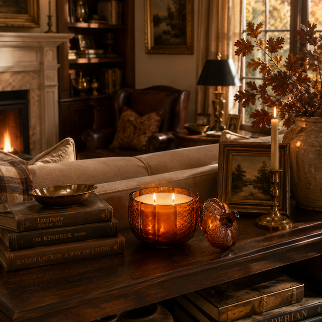 A cozy autumn living room scene with a dark wood coffee table holding lit amber glass candles, stacked books, a small decorative pumpkin, and framed art. A sofa, fireplace, bookshelves, and window with fall foliage are visible in the background.