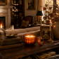 A cozy autumn living room scene with a dark wood coffee table holding lit amber glass candles, stacked books, a small decorative pumpkin, and framed art. A sofa, fireplace, bookshelves, and window with fall foliage are visible in the background.