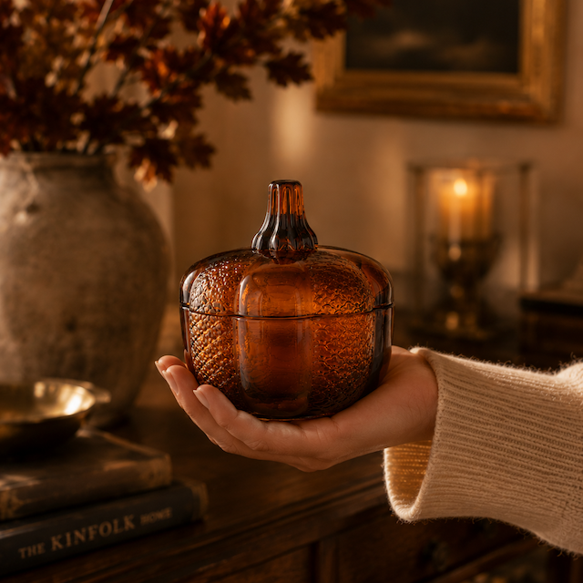 A hand wearing a cream knit sweater holds a small amber glass lidded jar with a textured, hammered surface. The background is a warm, cozy room with a wooden table, a book, a vase with autumn leaves, and a lit candle.