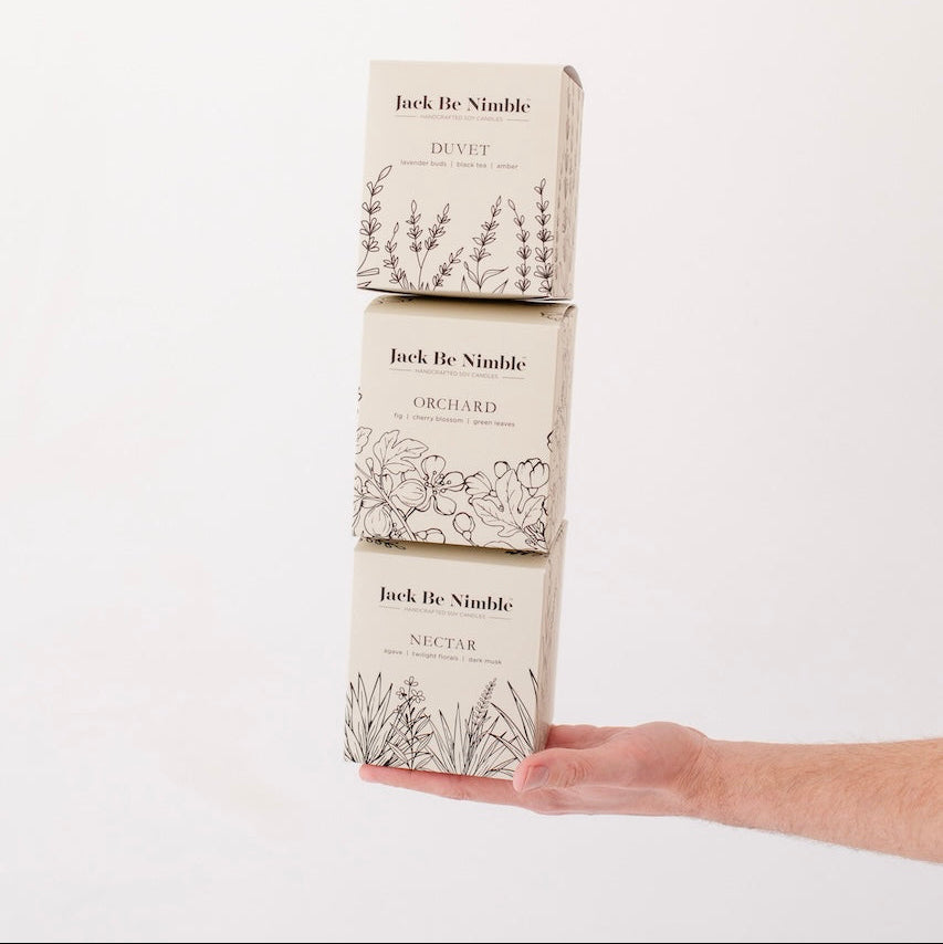 Three candle boxes from Jack Be Nimble on a white background