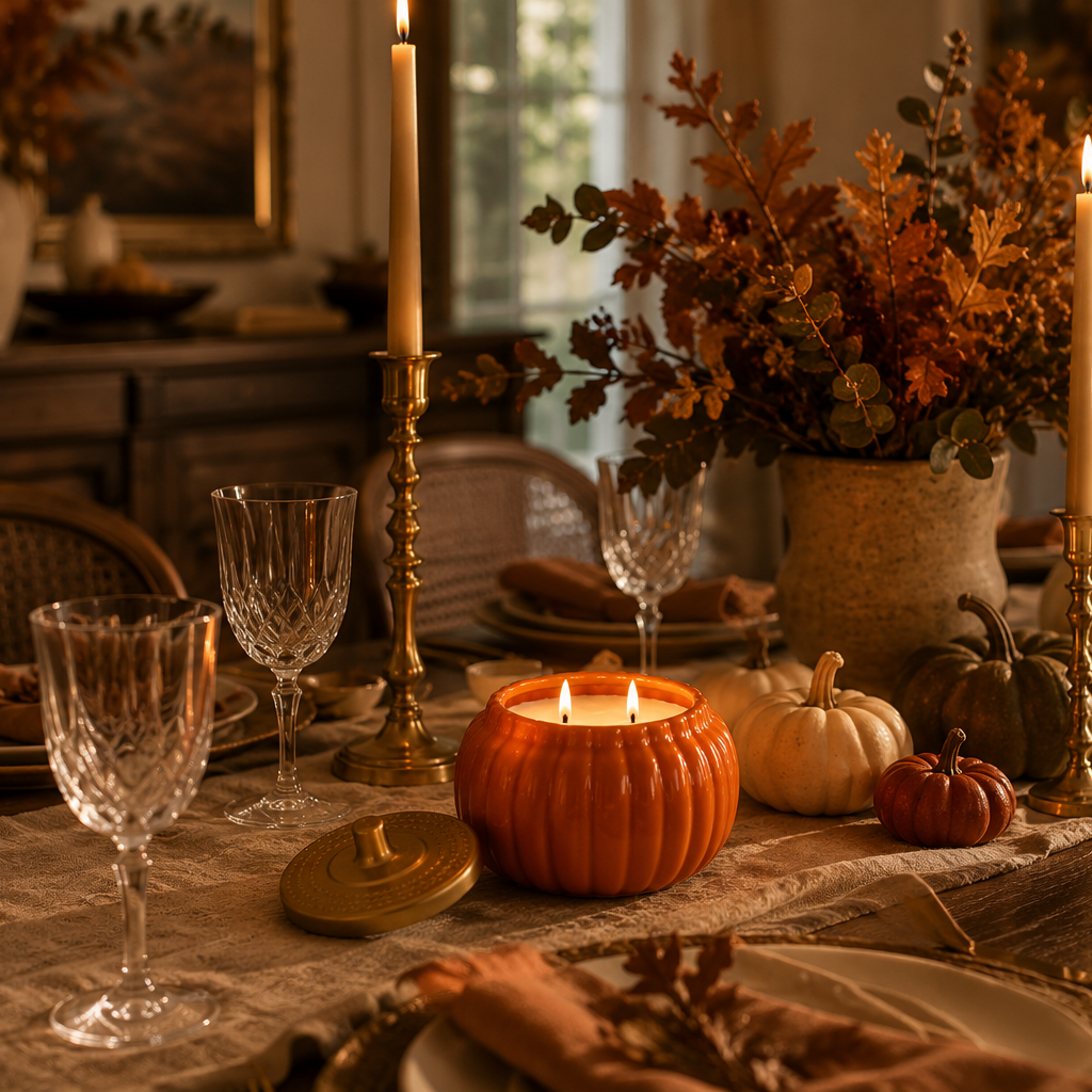 A warmly lit autumn-themed dining table decorated with an orange pumpkin candle, brass candlesticks, crystal wine glasses, small pumpkins, and a floral centerpiece with fall leaves.