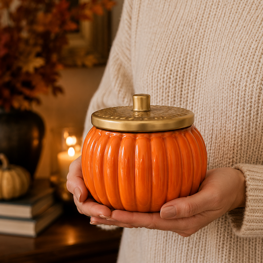 A person in a cream knit sweater holds a ribbed orange ceramic jar with a gold lid in a warm, cozy indoor setting.