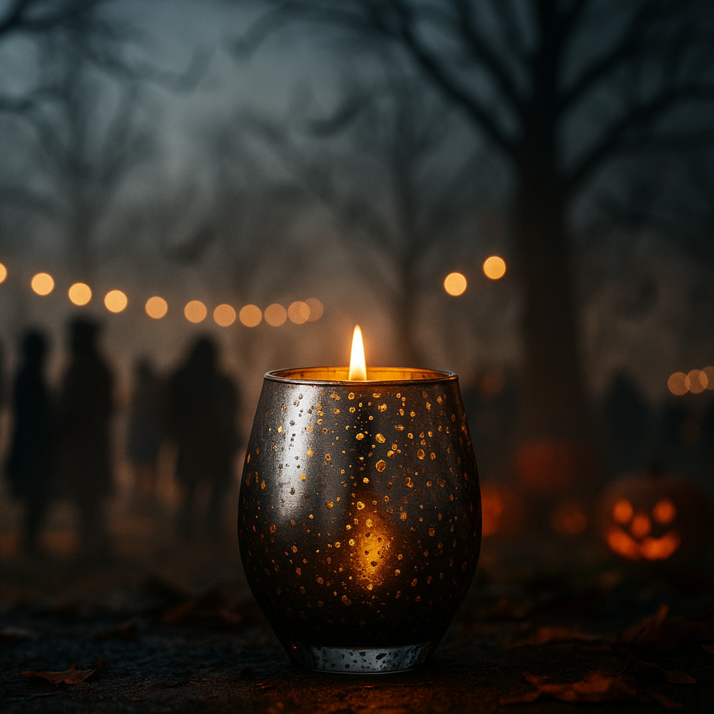 Halloween scene with lit Dark Orchard candle glowing in mercury silver glass, pumpkins and fog in the background