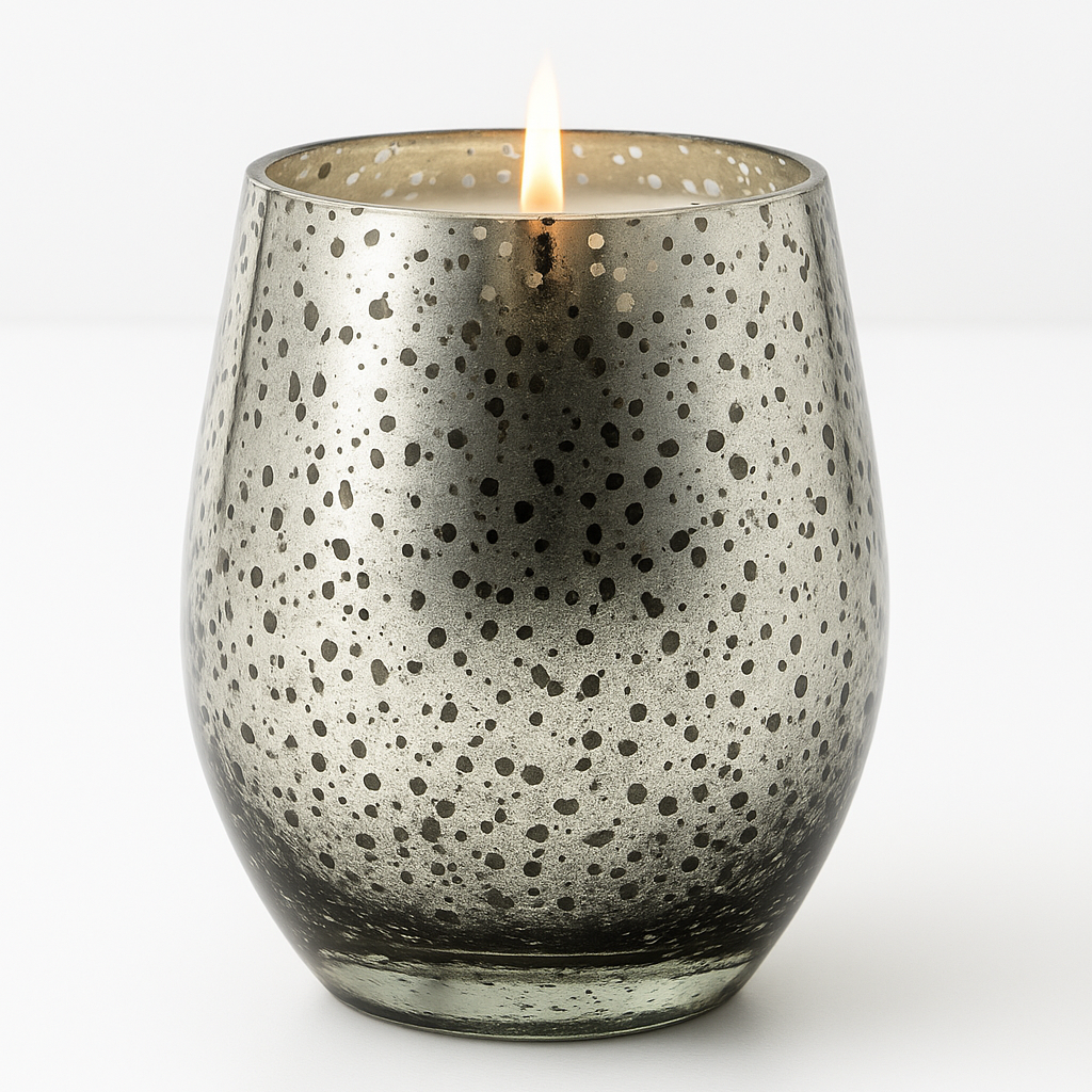 Lit Dark Orchard Mercury Glass Candle with silver speckled finish on white background
