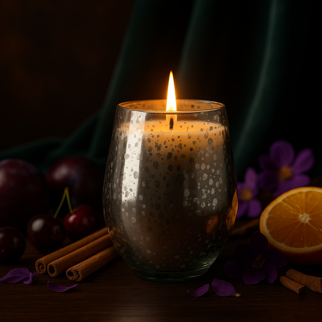 Styled photo of Dark Orchard candle surrounded by plums, cherries, oranges, cinnamon, and violet petals